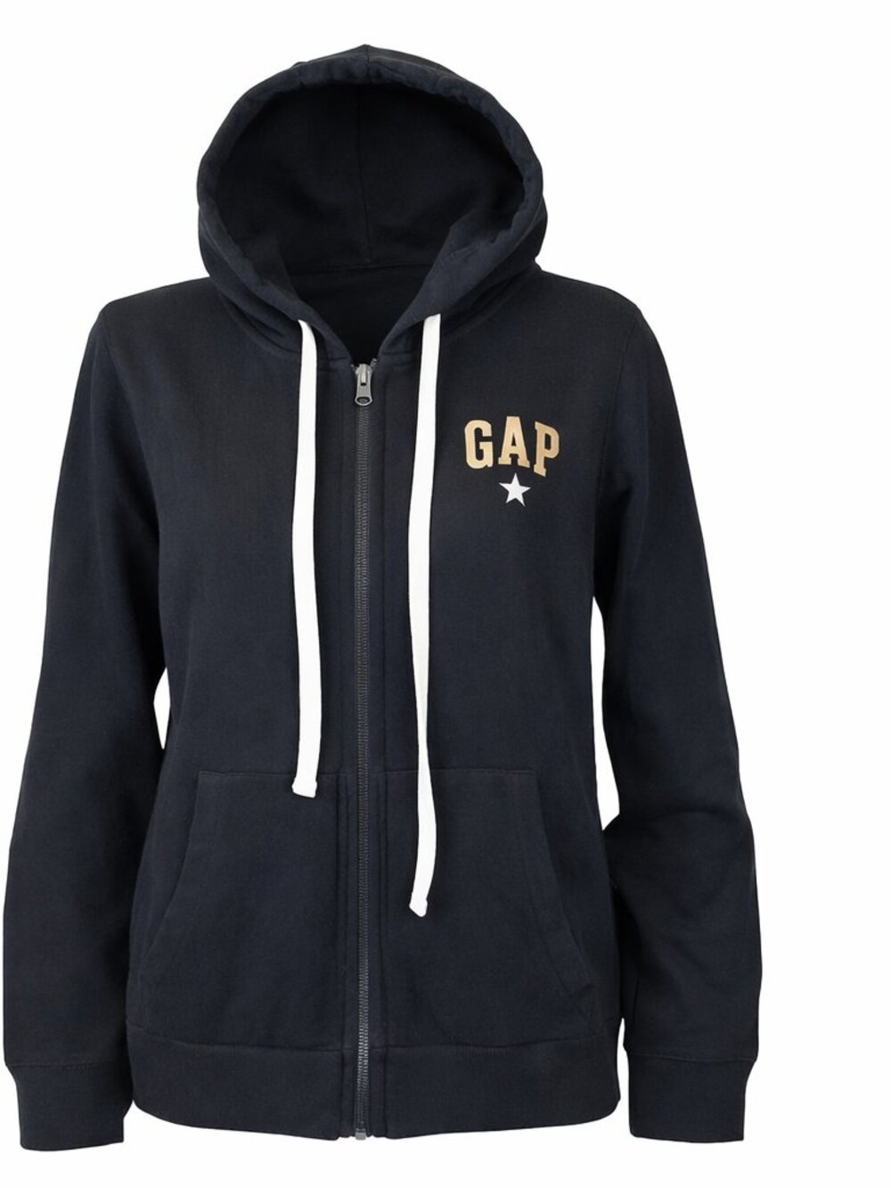 GAP Navy Full-Zip Hoodie with White Drawstrings and Gold Logo